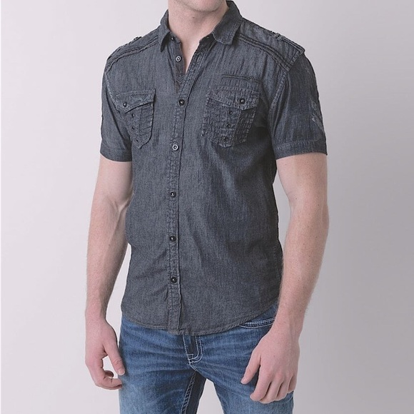 Calvin Klein Shirt Adult Men’s Gray Short Sleeve Pocket Button Front Large - Picture 1 of 11